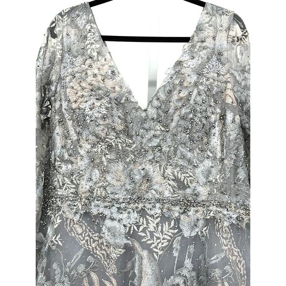 Mac Duggal { 20214 } Gray Long Sleeve Beaded Applique Gown  [ 16 ] - Picture 3 of 14